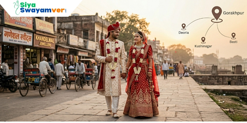 Happy couple from Gorakhpur region representing a successful community-matched marriage through Siyaswayamver