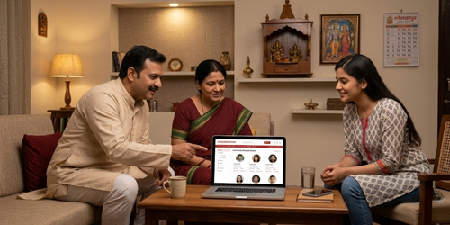 Gorakhpur family using Siyaswayamver on a laptop to search for community-matched brides and grooms in nearby towns, No 1 Gorakhpur Matrimony
