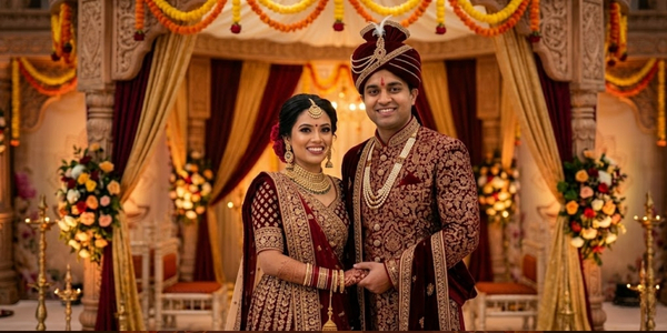 Happy Jaiswal couple in traditional wedding attire representing the Jaiswal community origin and marriage rituals