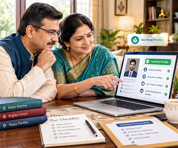 A cautious family looking at a matrimonial profile on a laptop discussing background checks